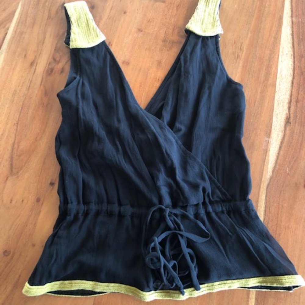 sass & bide Black Sleeveless Wrap Tank with Yellow Trim
